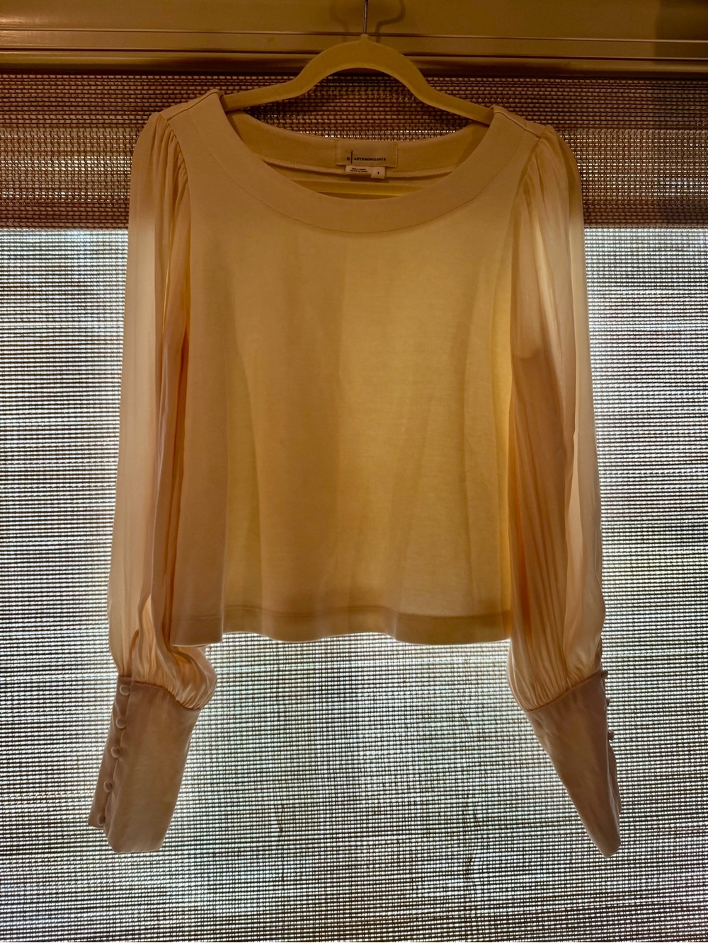 Anthropologie S Cream with silky Pleated-Sleeve Womens Blouse and Button Cuffs